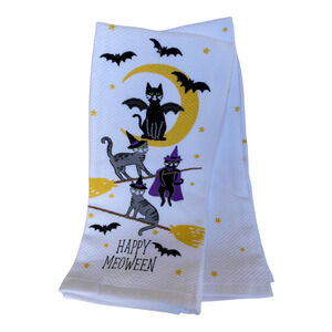 NWT Halloween Happy Meoween Bats Cats on Brooms Cat Kitten Kitchen Towel Set